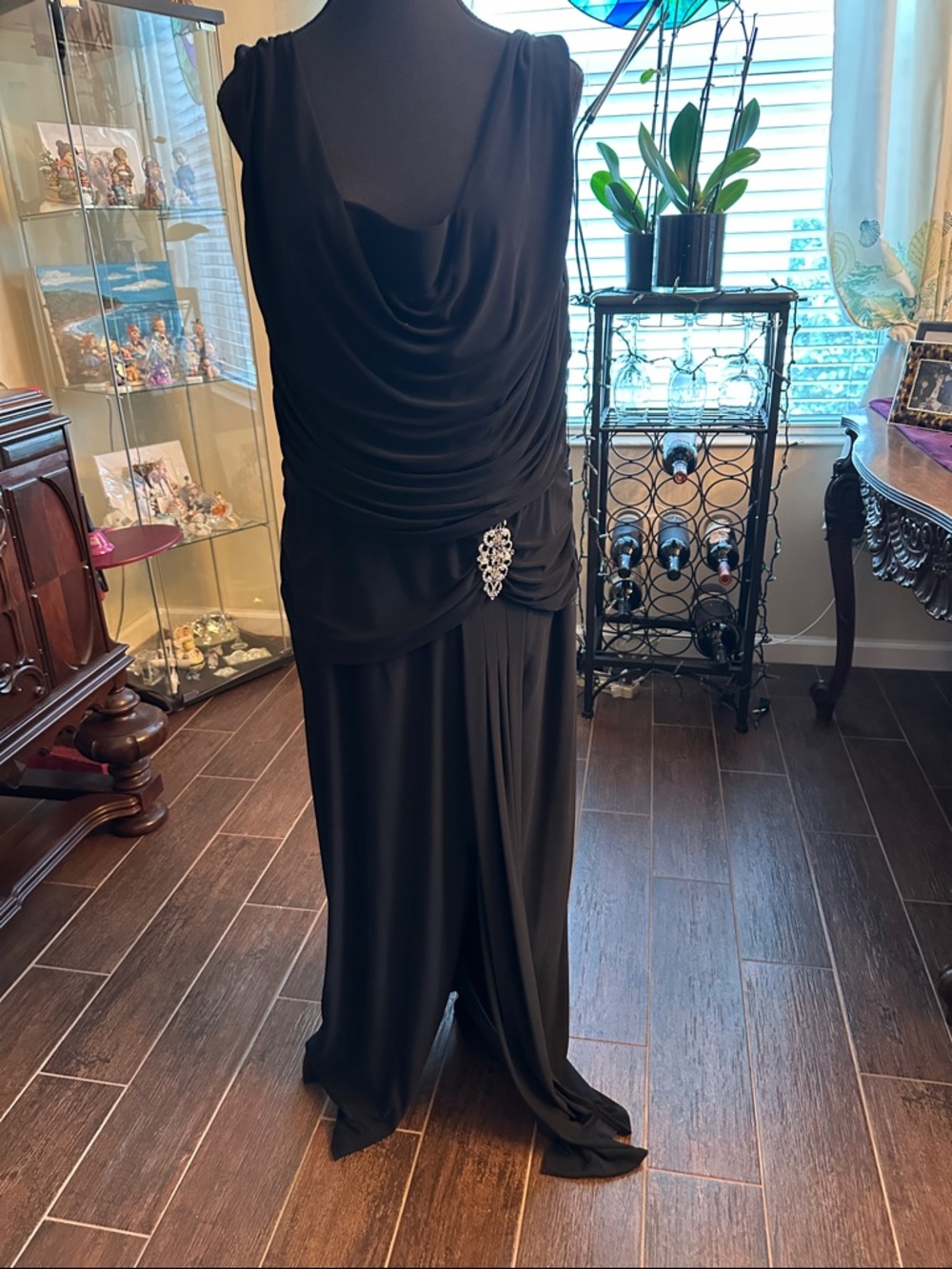 Marina/Elegant Black Draped Evening Jumpsuit with Rhinestone Accent